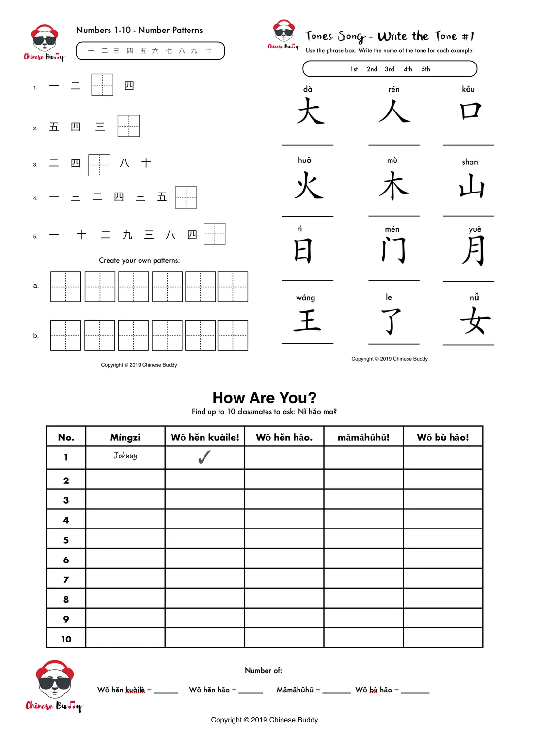 Chinese Buddy worksheet examples: number patterns, tone writing, how-are-you classmate survey